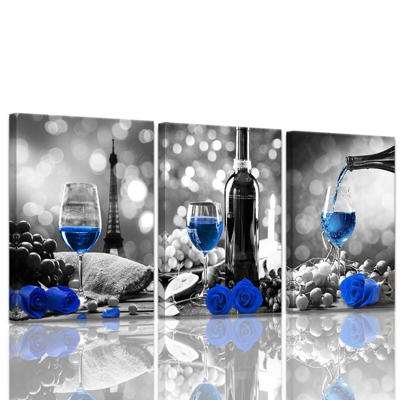 KAKEMONO Wine Rose Artwork for Home Walls - Black and White With Blue Wine Painting - Dining Room Decor - Blue Kitchen Pictures - Wall Decor - Stretched 12x16inches x3 - Image 1